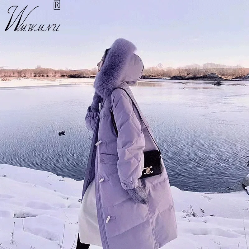 

Fashion Fur Collar Hooded Long Warm Jacket Women 2021 Winter Knee-Length Cotton Parka Coat Korean Loose Pocket Quilted Jackets