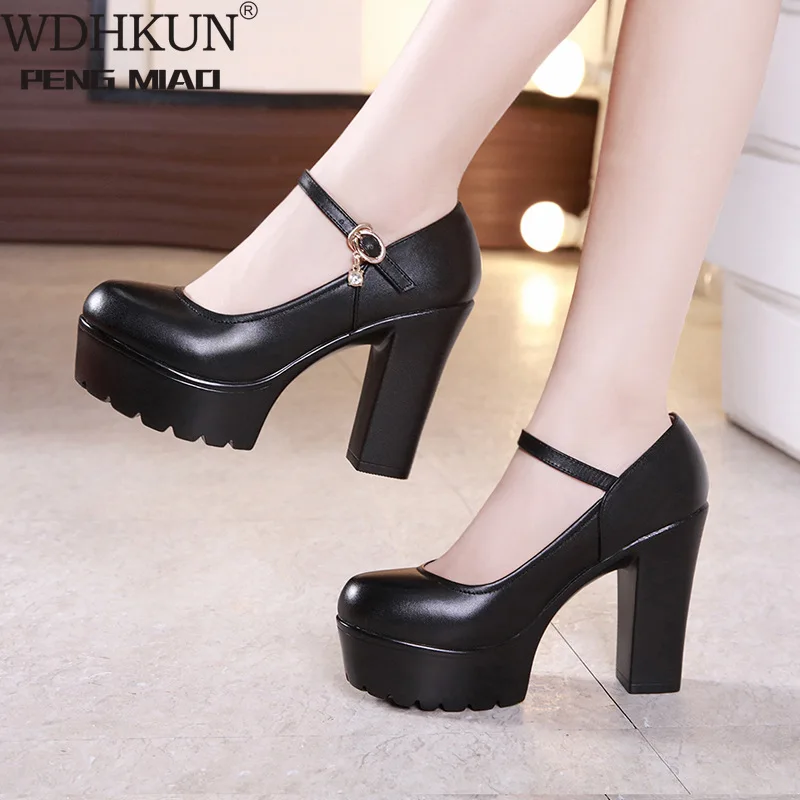 

Block Heels 11cm Platform Pumps Women Wedding Shoes 2021 Spring Buckle High Heel Shoes Ladies Party Office Shoe White 41 42 43