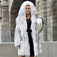 fursarcar 2021 new 90cm long real natrual cross fox fur jacket with hood thick fashion luxurious women winter fur coat