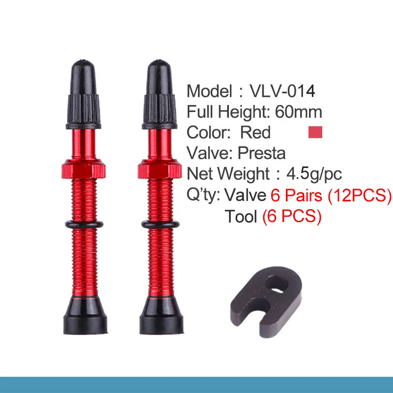60mm Red 6 Pairs 6/12 пар 60 мм высота Tubless Rim клапаны ЧПУ-обработанный анодированный сплав стержень латунный сердечник многоцветные опционы с дополнительным инструментом - Цвет: 60mm Red 6 Pairs