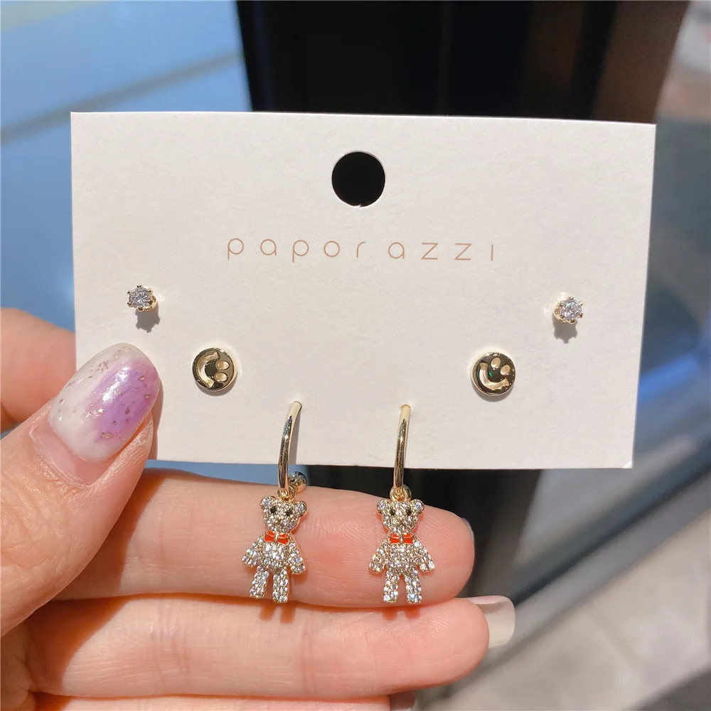 

Zircon Set Series Korean Style Gold-Plated Micro-Inlaid Smiley Bear Earrings Ins Simple For Women Gift
