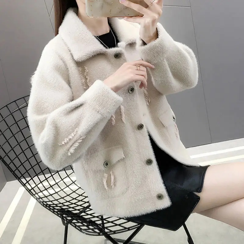 

Women 2021 Winter New Fashion Thick Short Coats Female Knitted Sweater Cardigan Jackets Ladies Solid Color Loose Overcoats M317