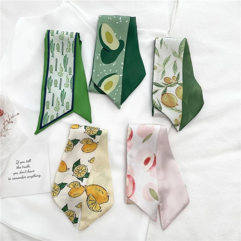 

2021 Print Silk Fruit Hair Ribbon Women/girls Neck Tie Bag Head Skinny Long Scarf Luxury Girls Girdle Bandana Shawl Accessories