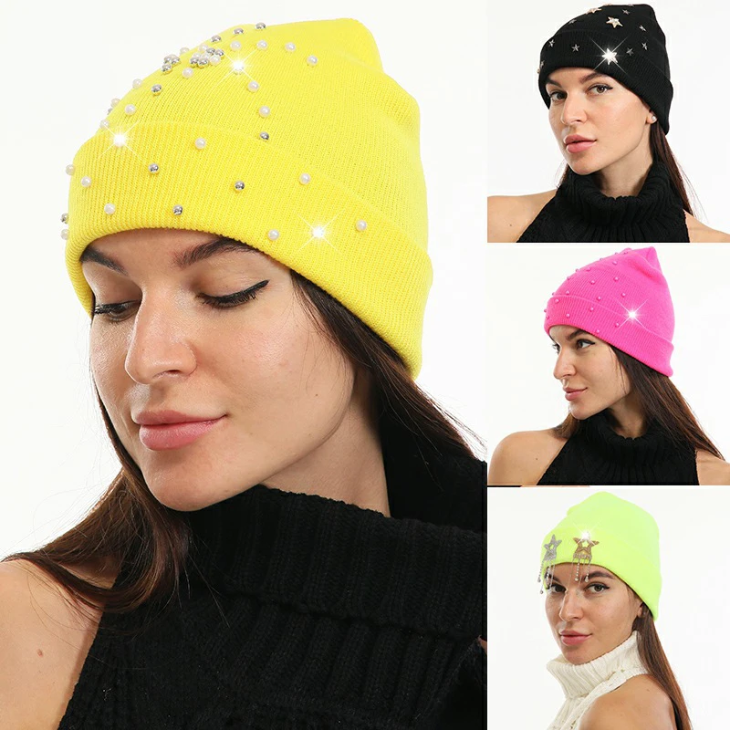 

Winter Warm Sequin Rhinestone Geometric Floret Knitted Wool Hat For Woman Fahsion Color Beanies Hot Sale
