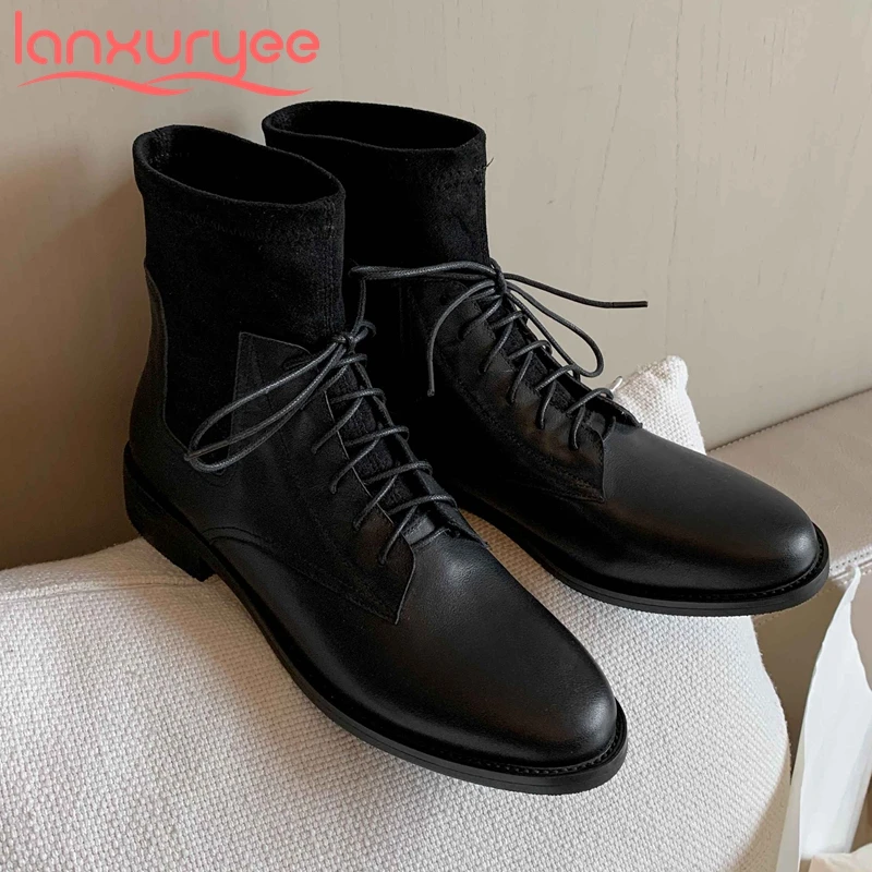 

Lanxuryee 2021 winter new boots natural leather flock round toe thick med heel lace up comfortable leisure basic ankle boots L01