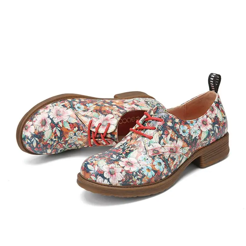 Murah SOCOFY Sepatu Nyaman Kulit Cetak Bunga Wanita Sepatu Pantofel Datar Luar Ruangan Kasual Renda Ujung Bundar Gaya Retro