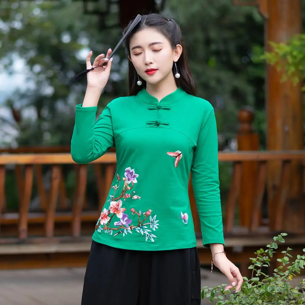 Зеленый KYQIAO онлайн Китайский магазин blusa feminina традиционная китайская рубашка l XL 2XL 3XL 4XL 5XL 6XL воротник стойка Вышивка Блузка - Цвет: Зеленый