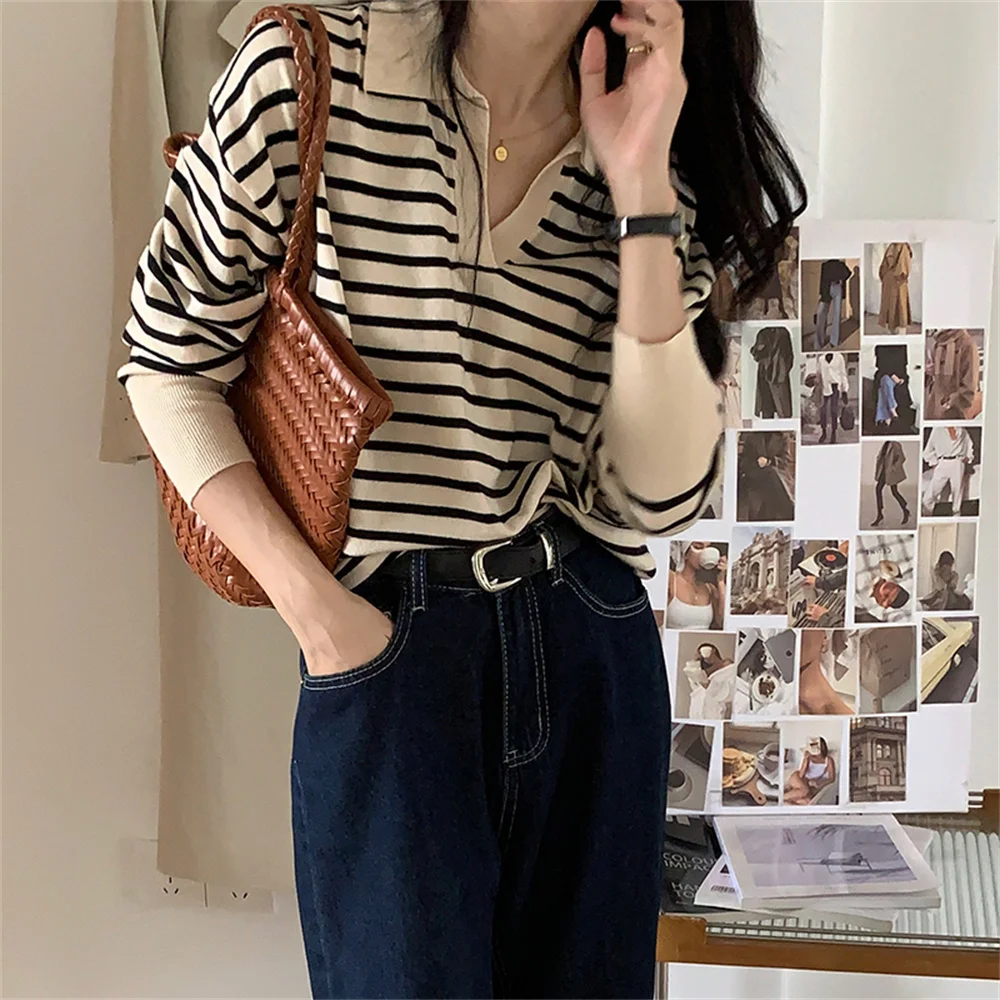 

Новые полосатые трикотажные пуловеры 민민민국 문 OL Женская шикарная Лоскутная Мода Модные Элегантные повседневные Джемперы Осенние Топы