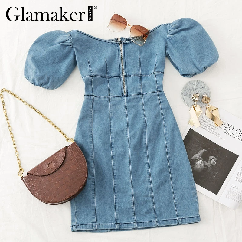 Glamaker, сексуальное облегающее синее джинсовое платье с открытыми плечами, женское осеннее джинсовое платье с пышными рукавами, женские вечерние короткие платья в стиле ретро, vestidos