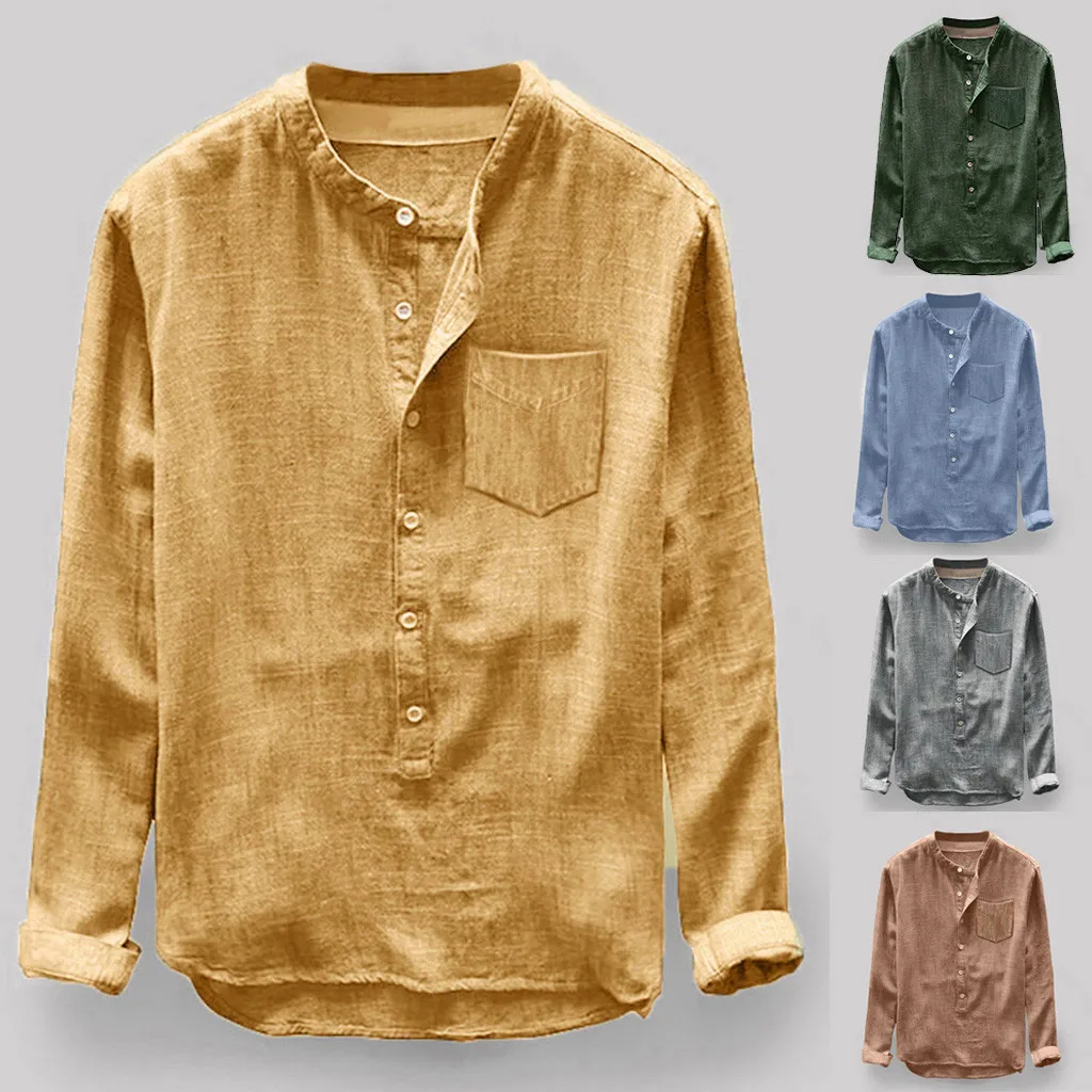 

Men's Casual Solid Color Top Autumn Fashion Loose Button Casual Pocket Linen Cotton Long Sleeve Top Size M-3XL 40*