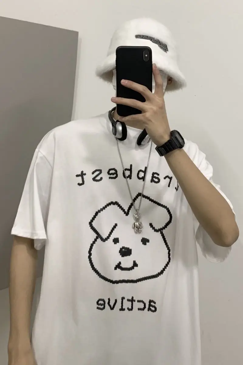 

Spring Summer Short Sleeve T-shirt Men's Casual Sports Hand-painted Printed Loose All-match Black/white Trendy Tops Male Clothes