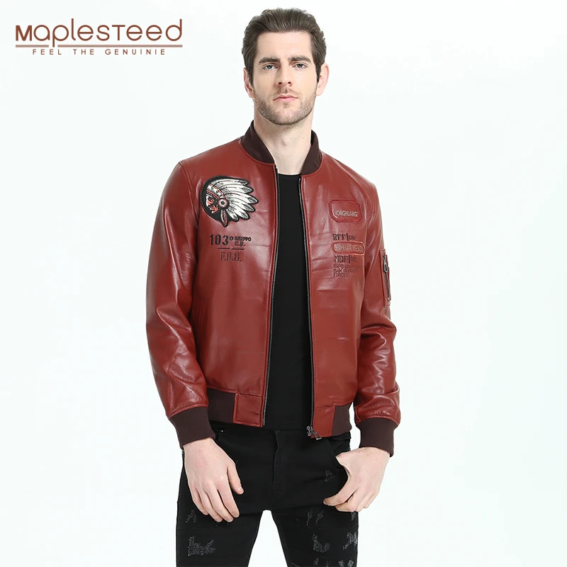 Модная мужская кожаная куртка с вышивкой винно красная из натуральной овечьей