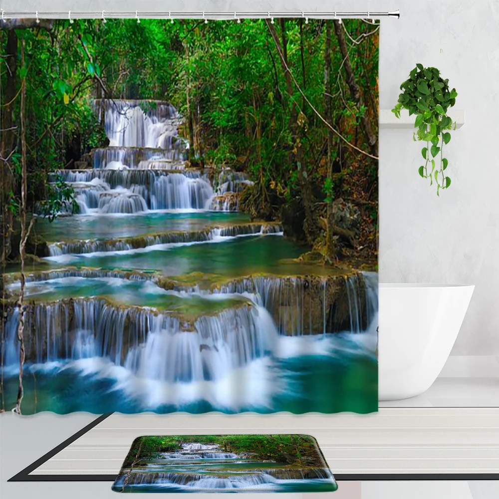 

Summer Green Jungle Corridor Scenery Shower Curtains Sunlight Through The Forest Waterfall Natural Landscape Bath Mats Carpet