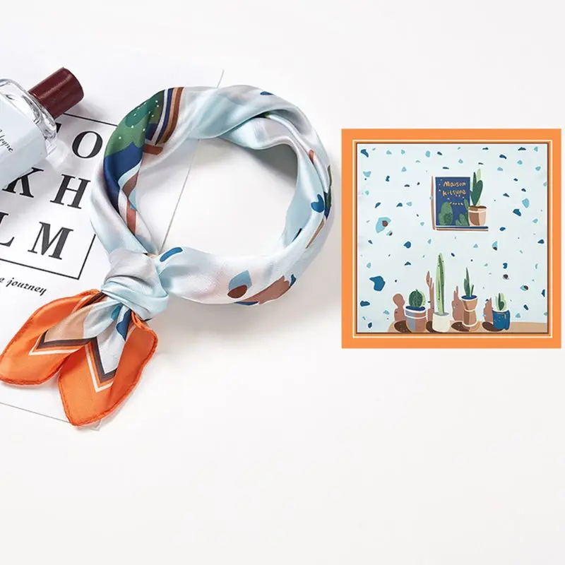 

53cm Literary Ladies Vintage Small Square Scarf Imitation Silk Leaves Geometric Printed Decorative Neckerchief Headwrap