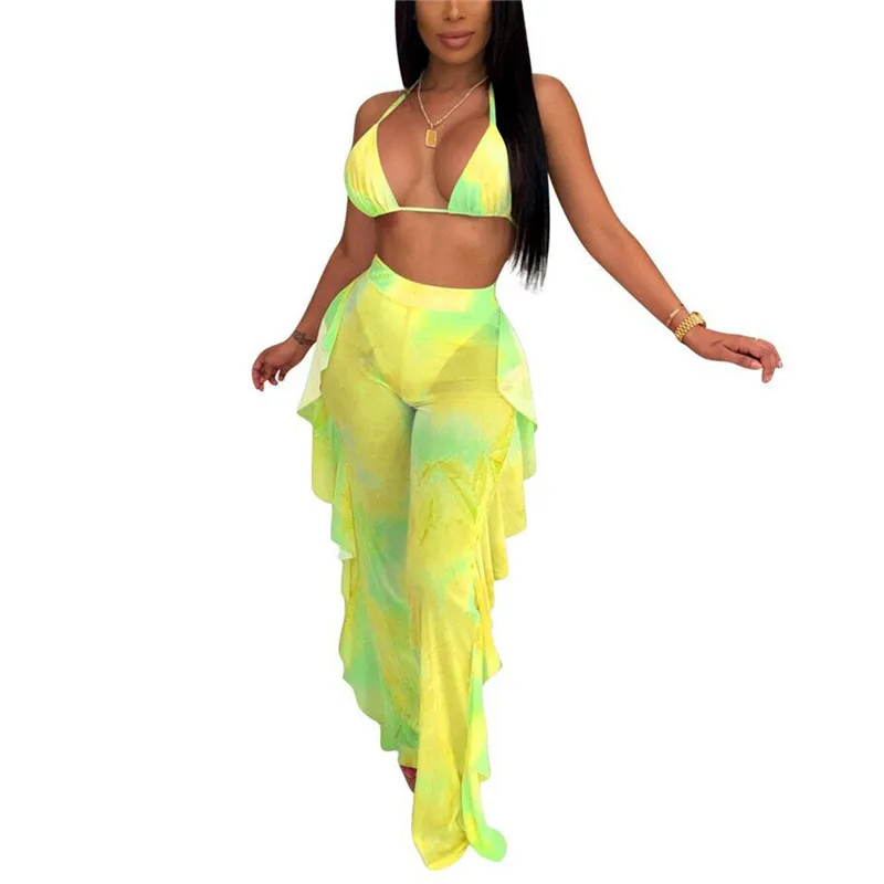 Женский комплект из прозрачного пляжного бюстгальтера и брюк с глубоким