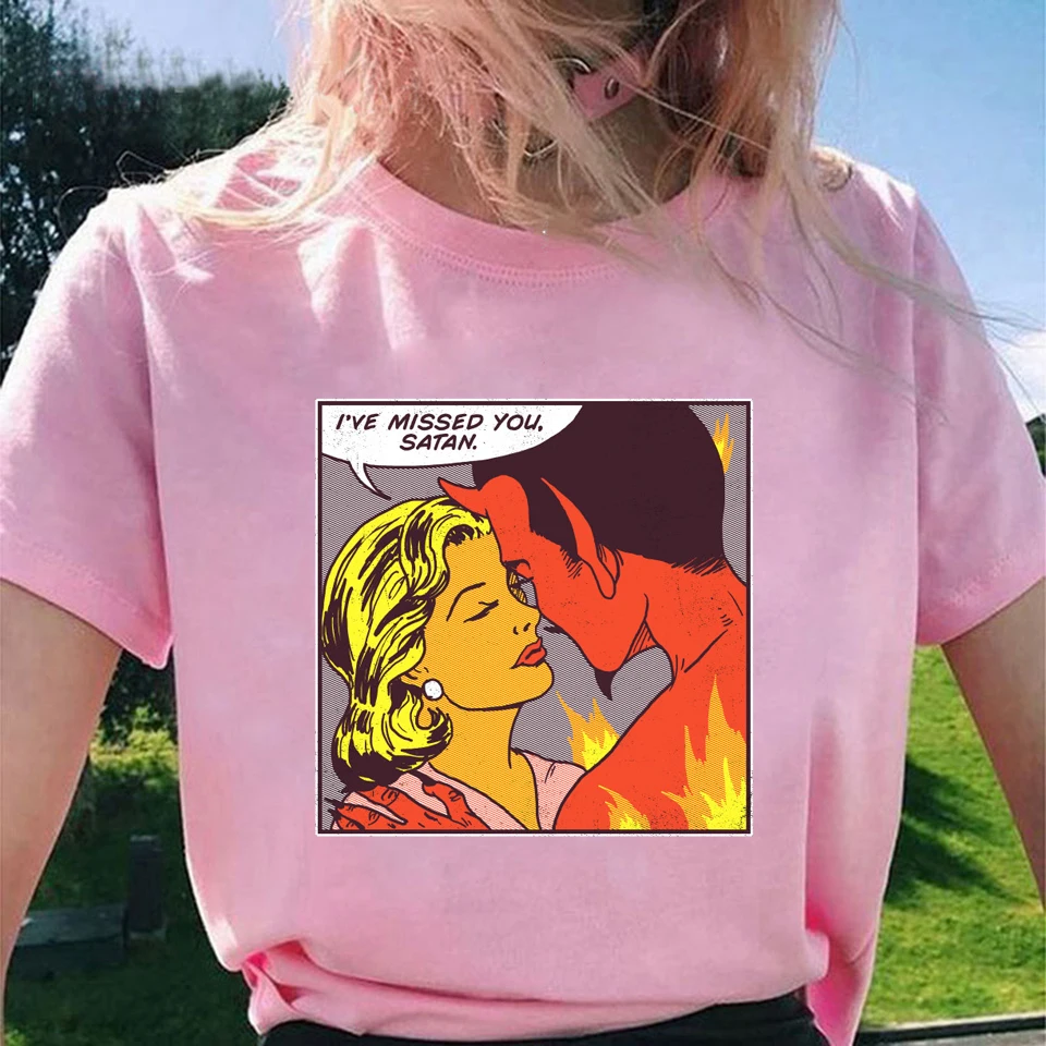 

Fashion Vintage Punk Style T Shirt Women Funny Devil Angel Print Short Sleeve T-shirts Casual Girls Summer Pink Graphic Tees