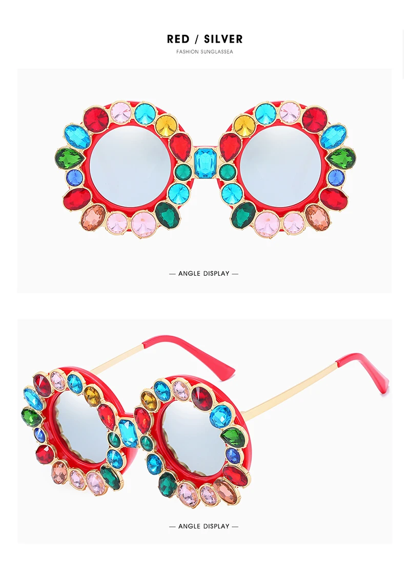 FU E Gorgeous Women Sunglasses Crystal Diamond Handmade Round Eyewear UV400 Mirror Lens Flower Design Summer Sun Glasses