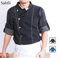 western restaurant chef work clothes summer short sleeved mens apron kit denim top with white polyester apron household tools