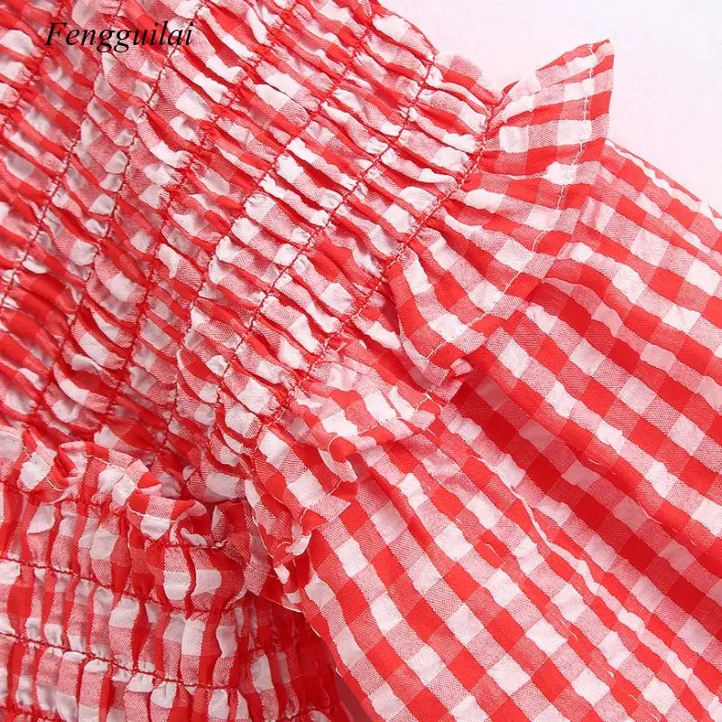 

2020 Englan Style Women Red Plaid Elastic Short Smock Blouse Shirts Women Lantern Sleeve Agaric Lace Slim Femininas Tops