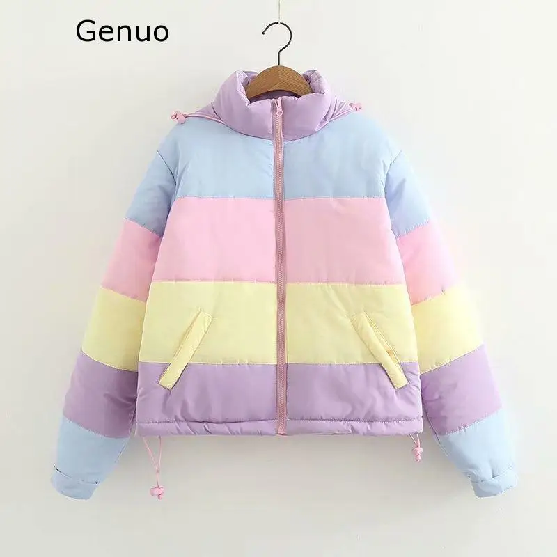 

Genuo New 2020 Rainbow Color Striped Parka Women Short Hooded Coat Students Sweet Fresh Outwear Winter Jacket Women