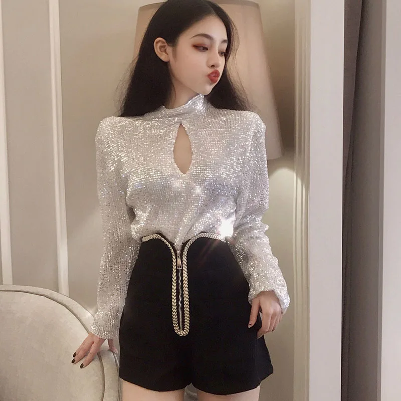 Шикарные женские блестящие Футболки с длинным рукавом топы Клубные рубашки топ