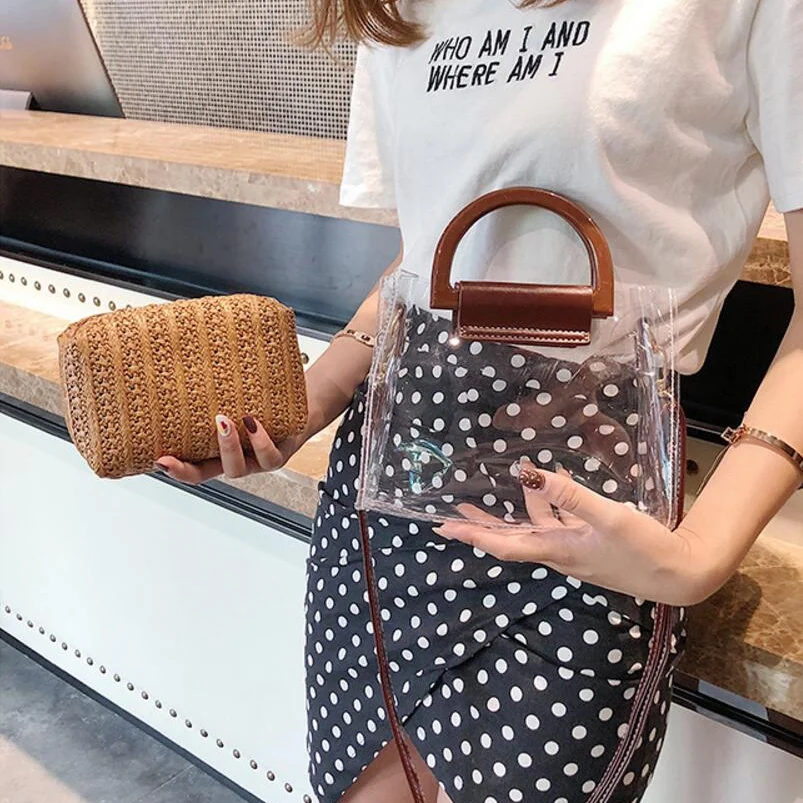 Женские Прозрачные сумки летние соломенные через плечо из двух частей женские