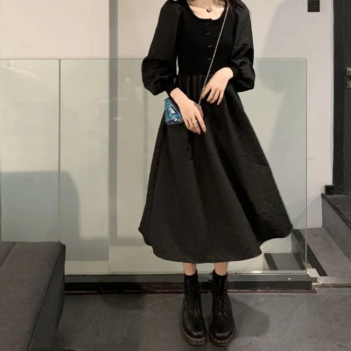 

Black Long Sleeve Stitching Dress for Women 2021 Autumn New French Retro High Sense Graceful and Fashionable Skirt