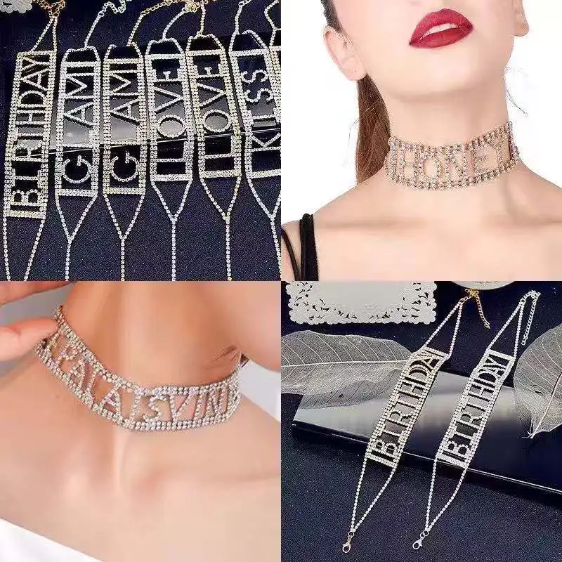 

Fashionable sexy Choker luxury Rhinestone Necklace suitable for women shiny crystal letter necklace statement Wedding Party Jewe