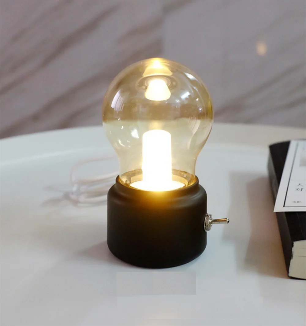 

Retro style small light bulb hotel restaurant cordless rechargeable led glass table lamp lithium battery pole switch table lamp