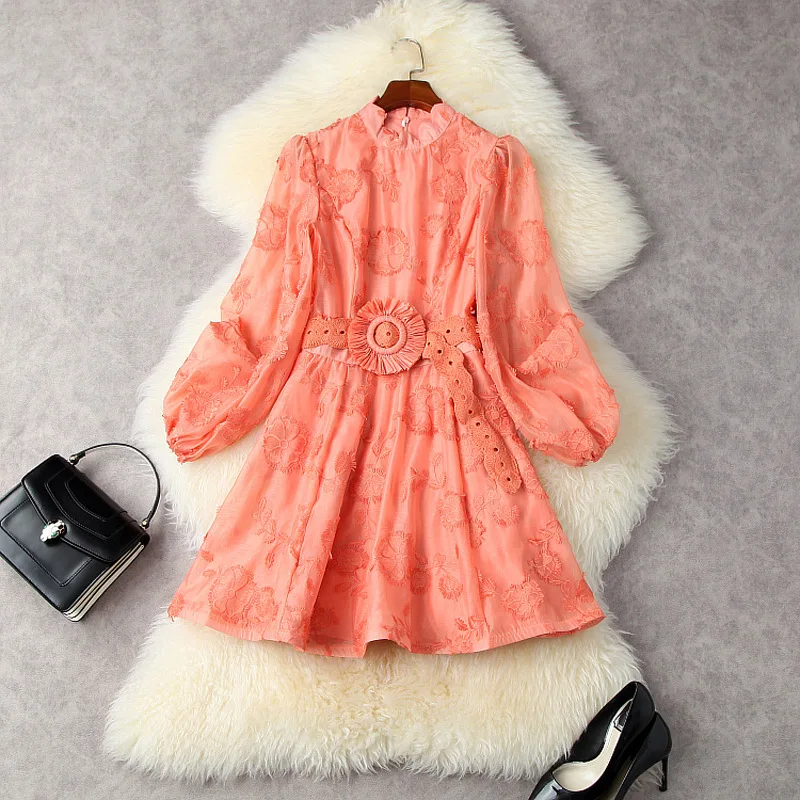 

French 2021 autumn new Organza embroidery stand collar waist closing small retro dress