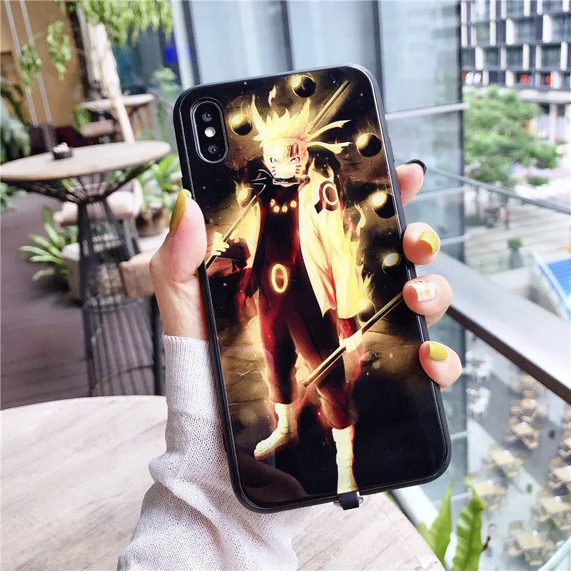 Наруто Саске чехол для iPhone 8 7 6 6S плюс XS светодиодный вызов светильник чехол s Закаленное стекло Coque Flash Cover для iPhone XR XS MAX Funda