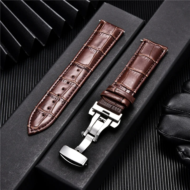 

Business Embossed Leather Watch Straps with Stainless Steel Butterfly Buckle 18mm 20mm 22mm 24mm Watchbands for Men's Watches