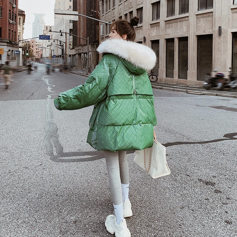 Green Plaid Down Jacket Women Winter Fur Collar Thickened Korean Loose Hooded 90 White Duck Down Jacket