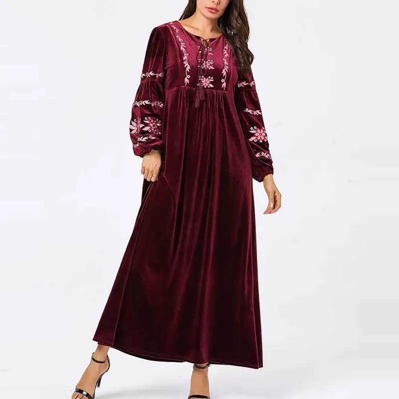 Wine Red MISSJOY/ осеннее платье на Среднем Востоке, бархатное платье с ручной вышивкой и длинными рукавами, abayas, элегантные повседневные платья в турецком исламском арабском стиле - Цвет: Wine Red