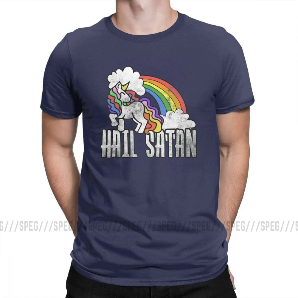 Футболка с надписью «Hail satan» в стиле ретро, радужная футболка с единорогом, футболка с коротким рукавом на заказ, Мужская футболка, топ, группа размера плюс, хлопок, Мужская футболка с круглым вырезом - Цвет: Тёмно-синий