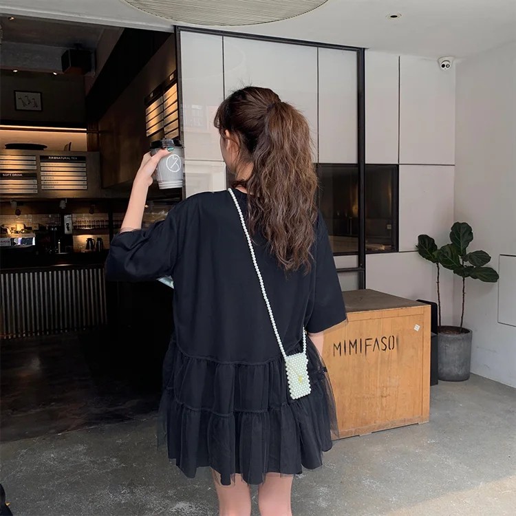 Плиссированное Платье-футболка повседневное корейское лоскутное Сетчатое