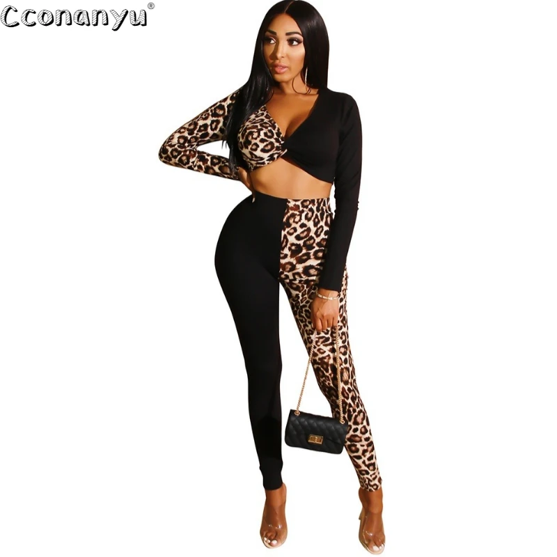 

Женский комплект из двух предметов с леопардовым принтом, Топ с длинным рукавом и v-образным вырезом, брюки с высокой талией, костюм для отды...