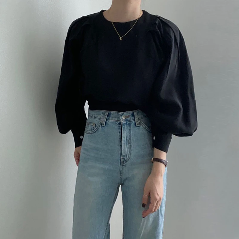 

Женская блузка с пышными рукавами, Повседневная однотонная блузка с круглым вырезом, в Корейском стиле, на осень, 2021