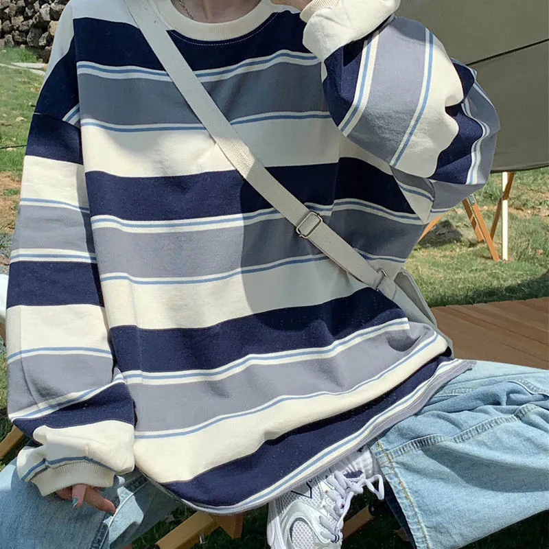 

Loose Stripe O-neck T-shirt Woman's Korea Oversized Long Sleeve Tops Woman Casual 2XL Long T-shirts Harajuku Women Summer 2021