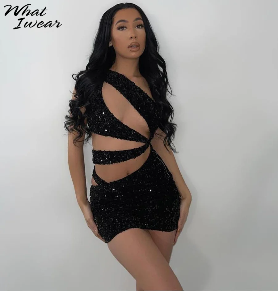 

Whatiwear One-Shoulder Patchwork Sexy Cut Out Women Mini Dress 2021Summer Solid Fashion Sleeveless Hollow Female Clubwear Skirts