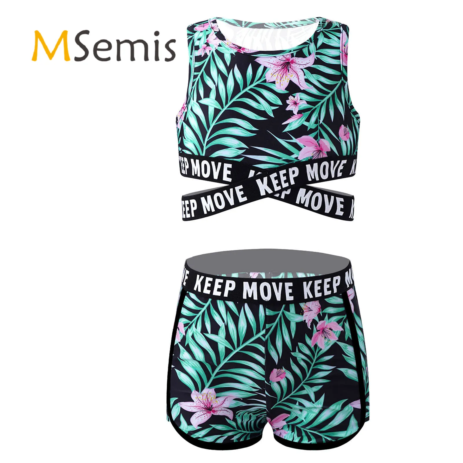 

2Pcs Kids Girls Swimwear Round Neck Sleeveless Cross Sash Crop Tops and Shorts Set Beach Pool Swimming Bathing Rashguard Suit