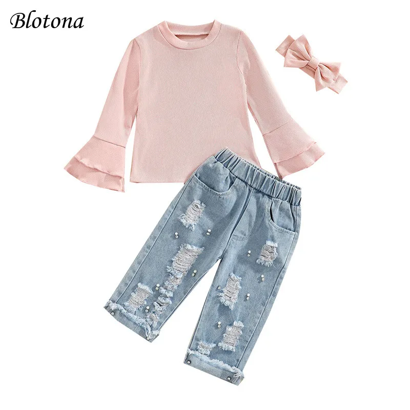 

Весенне-осенний спортивный костюм для маленьких девочек Blotona из 3 предметов, однотонный пуловер с расклешенными рукавами + рваные джинсы с б...