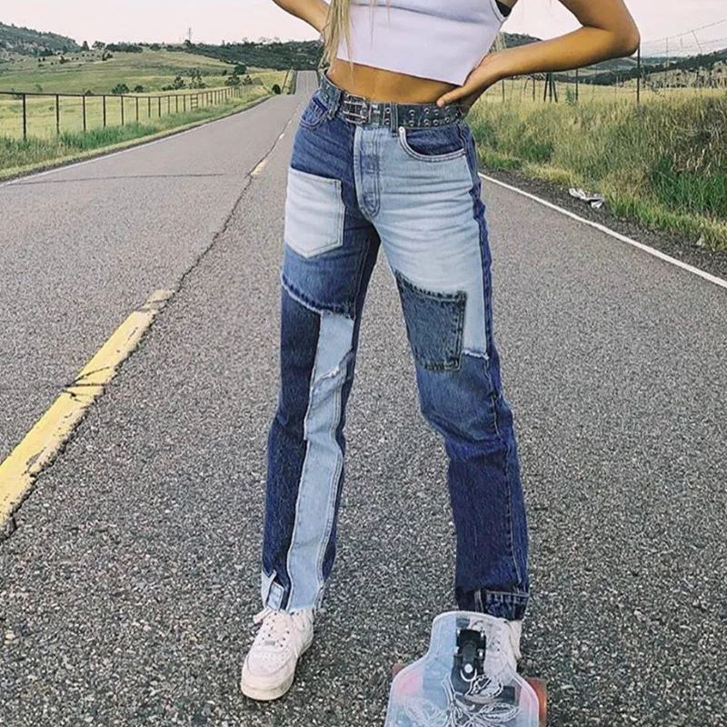 

woman jeans ã€streetwear 2021 calÃ§as de cintura alta retalhos casual solto usar outono inverno calÃ§as de brim com zÃ­per