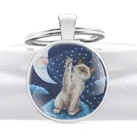 cute moon and cat glass cabochon metal pendant key chain classic men women key ring jewelry keychains gifts