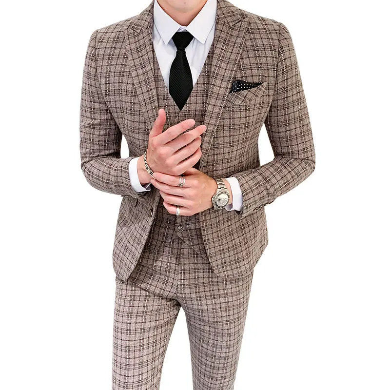 

New men's checked suit three-piece fit professional dress groomsman groom wedding dress large size men's clothing