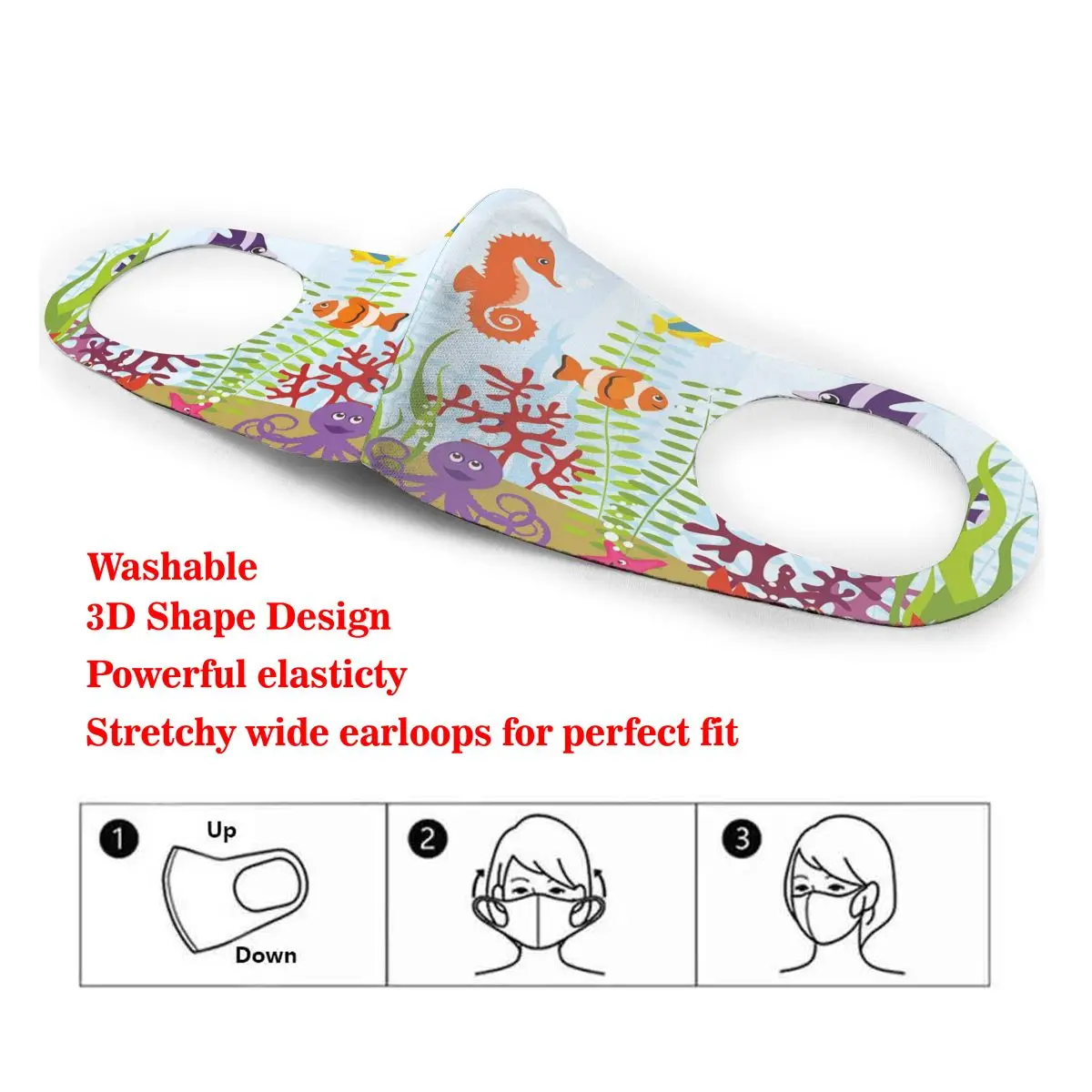 

Washable Earloop Mask 3D Aquarium Seahorse Crab Octopus Cycling Anti Dust Mouth Face Care Respirator for Summer