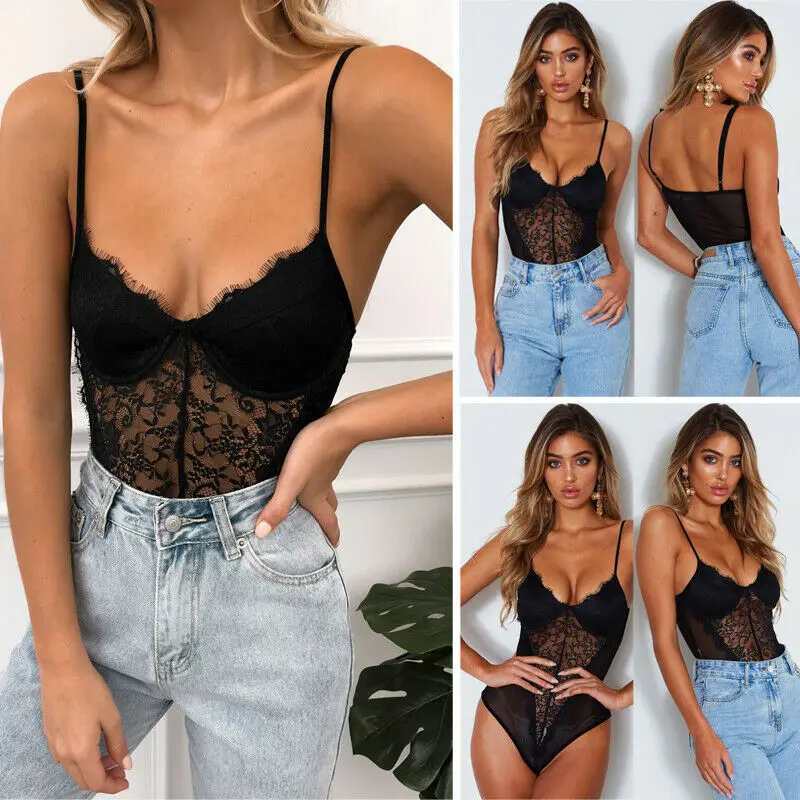 Сексуальный женский боди-комбинезон из кружева без рукавов с прозрачной верхней частью, леотардами и открытой спиной.