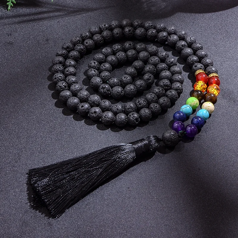 

8mm Black Lava Stone 7 Chakra Beaded Japamala Necklace 108 Rosary Meditation Yoga Jewelry Bracelet Set Tibetan Tassel Pendant