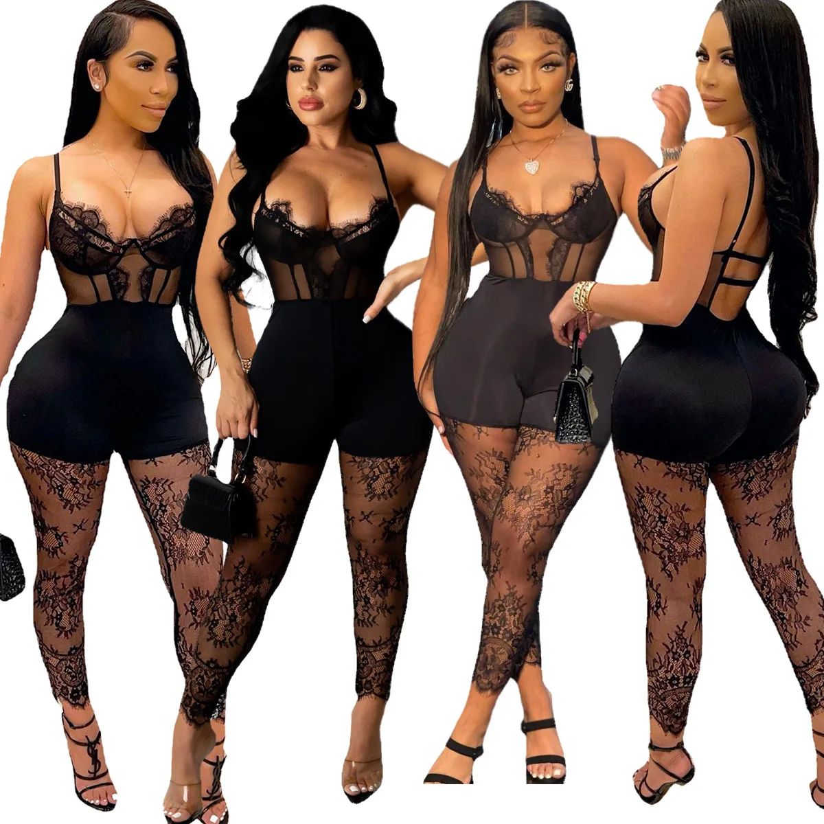 

Women Black Lace Jumpsuit Suspender Corset Eyelash Edge Hip Lifting Bodysuit Summer Rompers Sexy Female Tight Print Pencil Pants