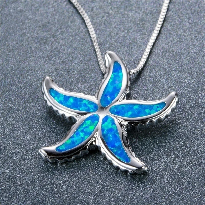 

Fashion Charm Starfish Blue Imitation Opal Pendant Necklace Ocean Animal Statement Necklaces For Women Wedding Jewelry Gifts